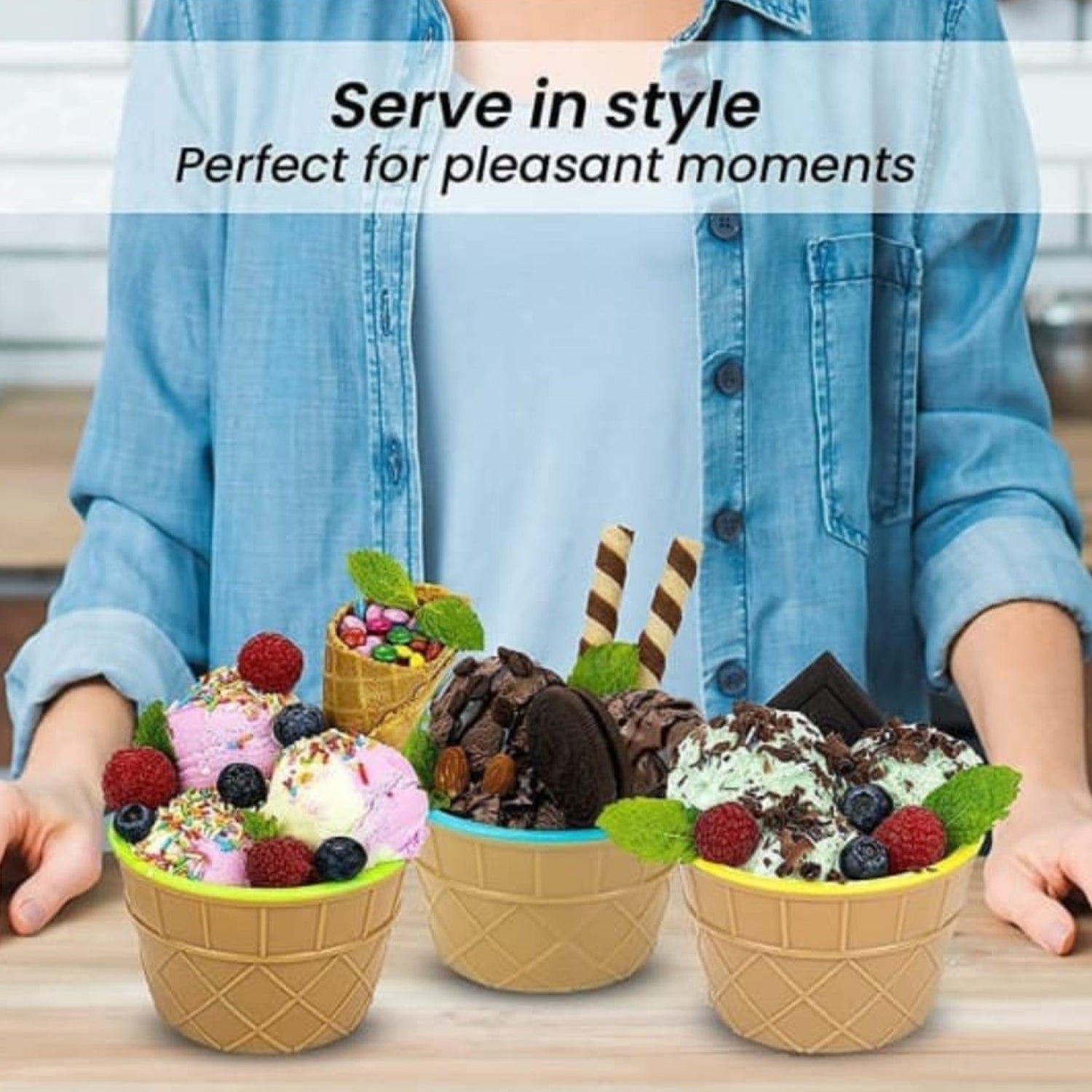 Premium Ice Cream Waffle Spoon Bowl Set (6-Piece , Color Box)