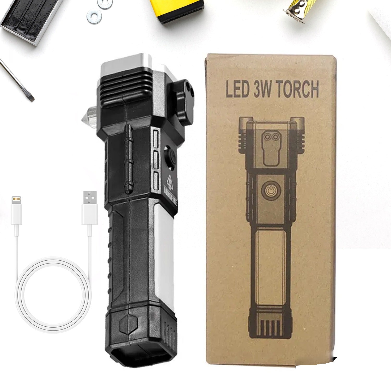 Portable 3W Rechargeable LED Torch with Long Beam, Hammer & Glass Cutter