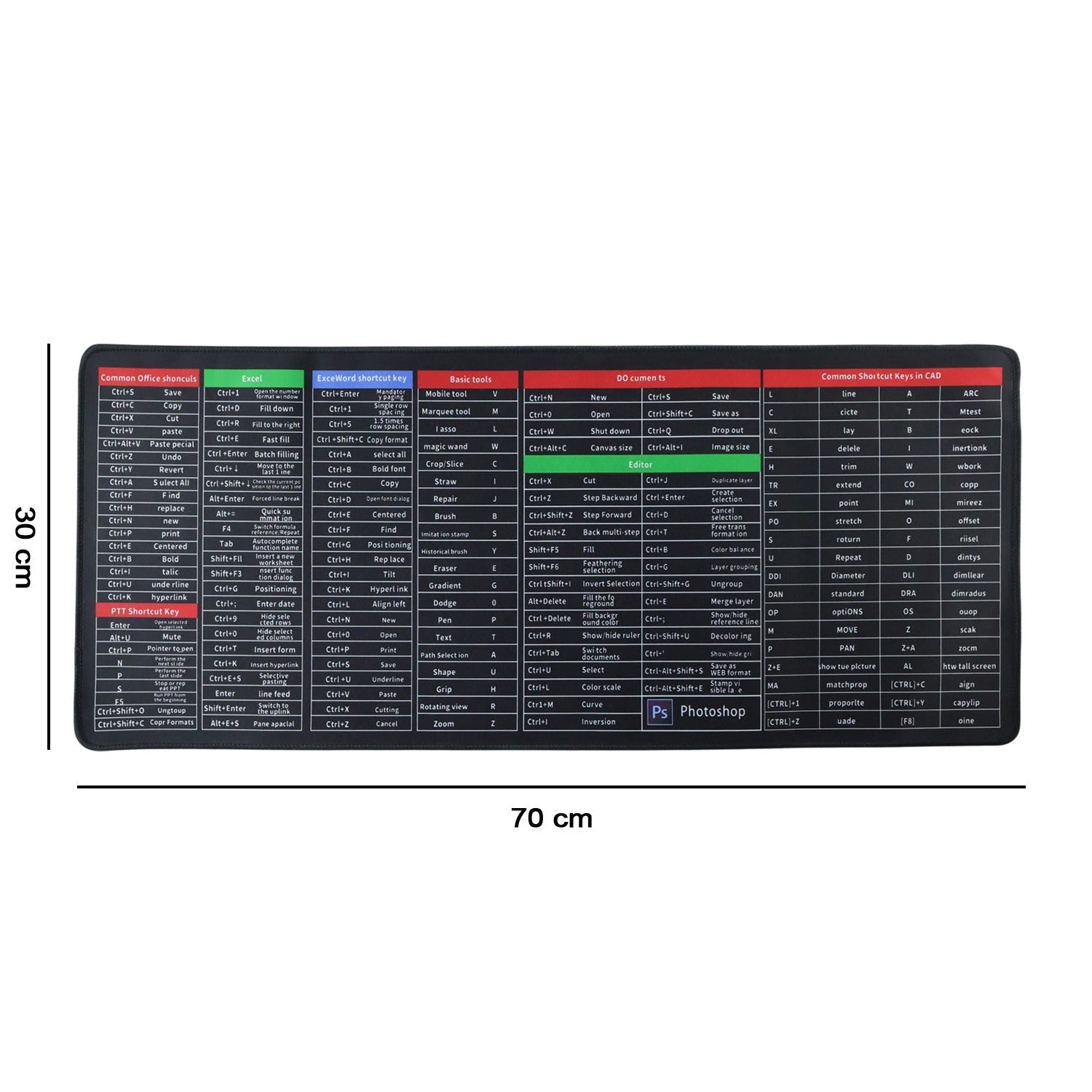 Shortcut Keyboard Mouse Pad Extended Desk Mat 70 x 30 Cm
